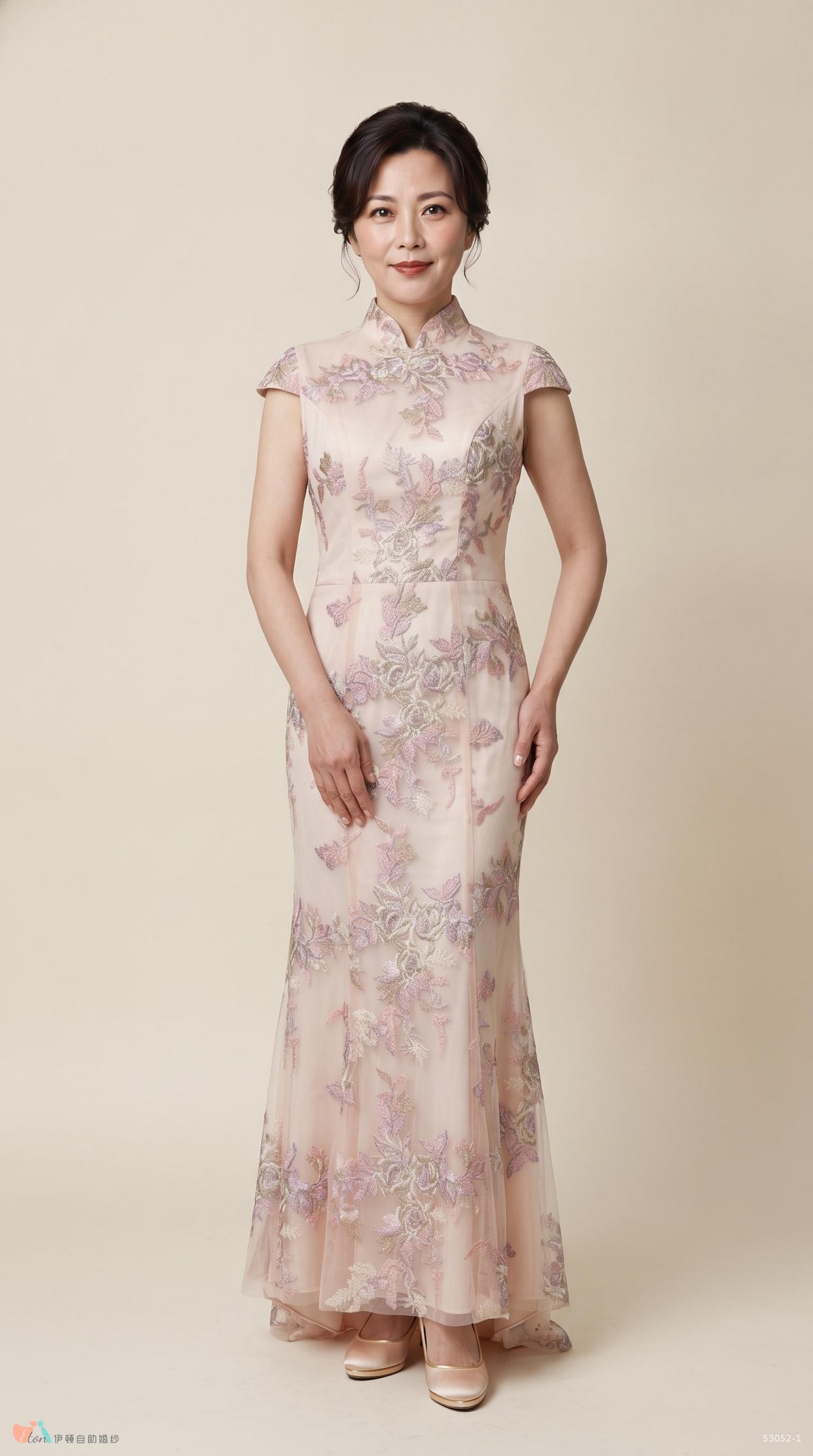 媽媽禮服訂製, 中式立領旗袍媽媽禮服, 粉色蕾絲印花